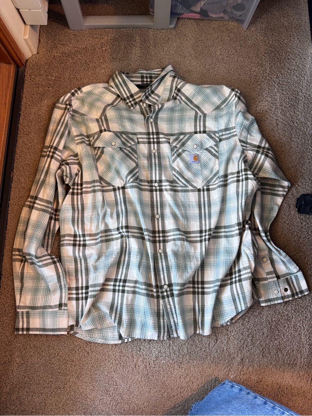 Carhartt Men’s White and Green Plaid Button-Down Shirt